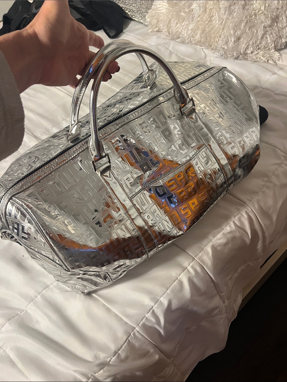 Sprayground Silver Embossed Monogram Duffel